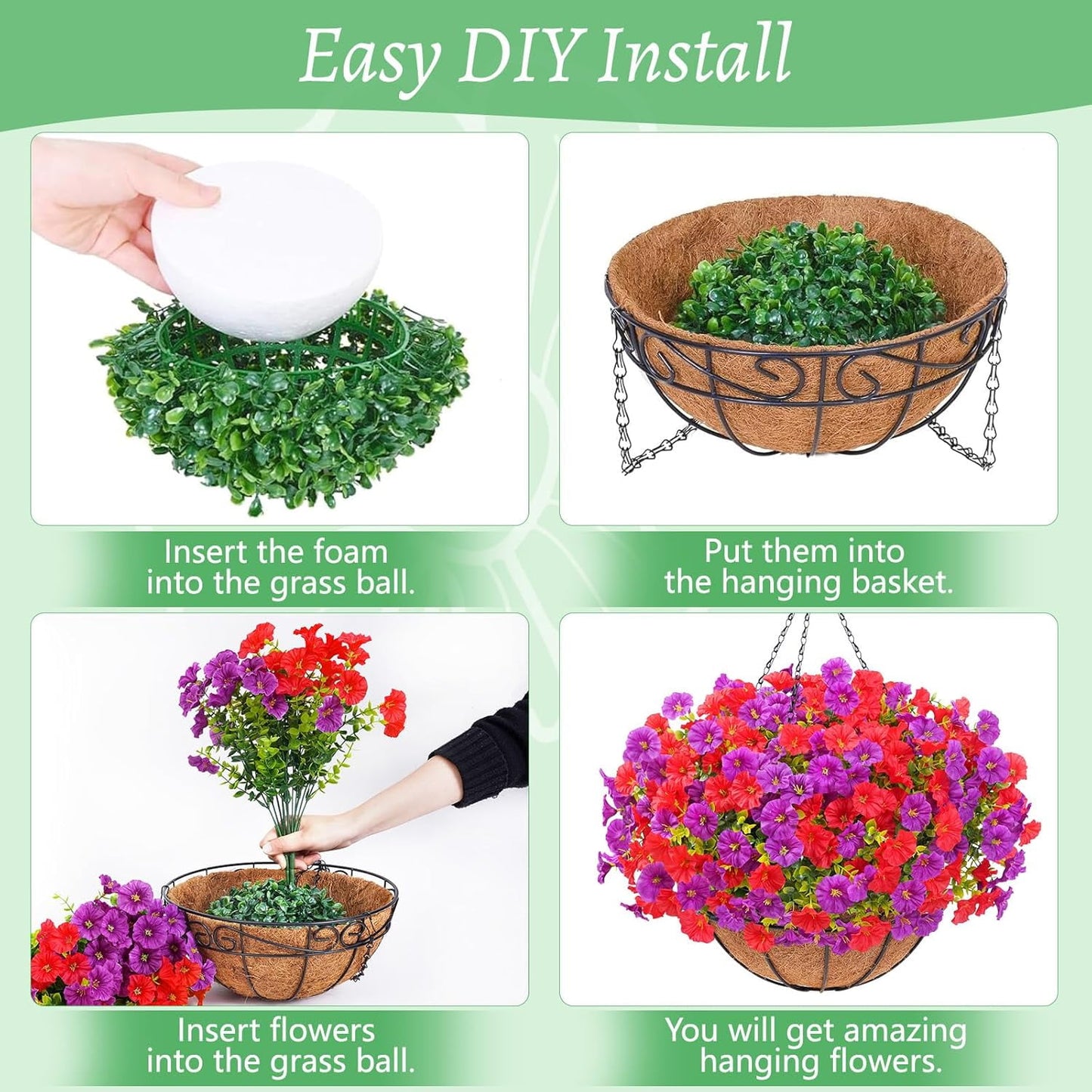 Waipfaru Artificial Hanging Flowers in Basket,Fake Hanging Plants for Outdoors Spring Summer Decoration,UV Resistant Petunias Flower for Garden Porch Patio Balcony Decor