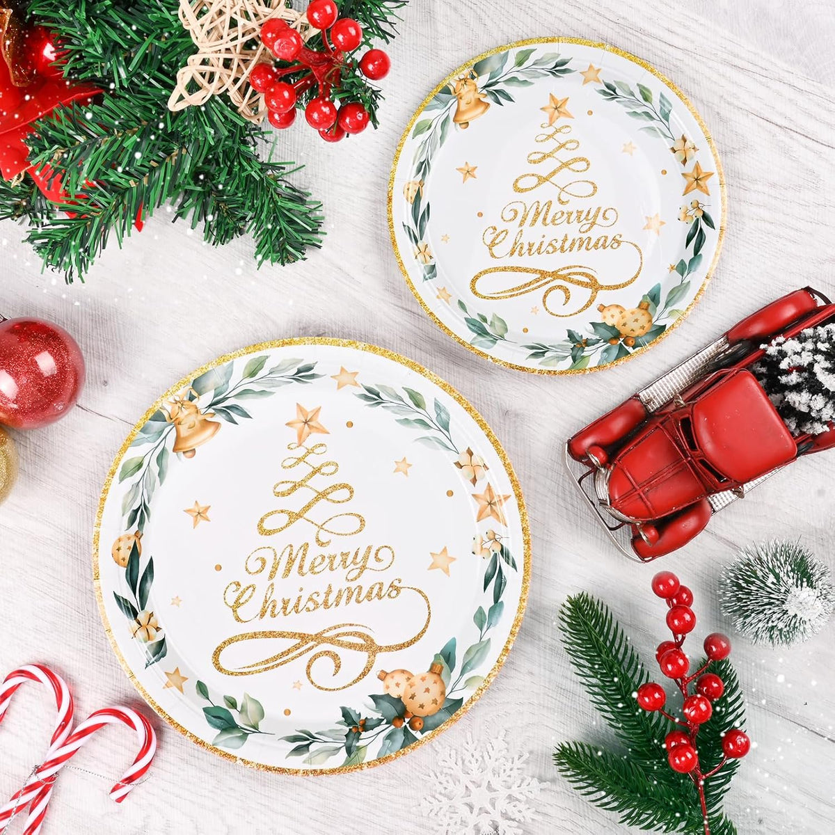 Waipfaru 200 PCS Christmas Paper Plates and Napkins Gold Christmas Tree Party Supplies Disposable Tableware Set for Dinner Party Decoration