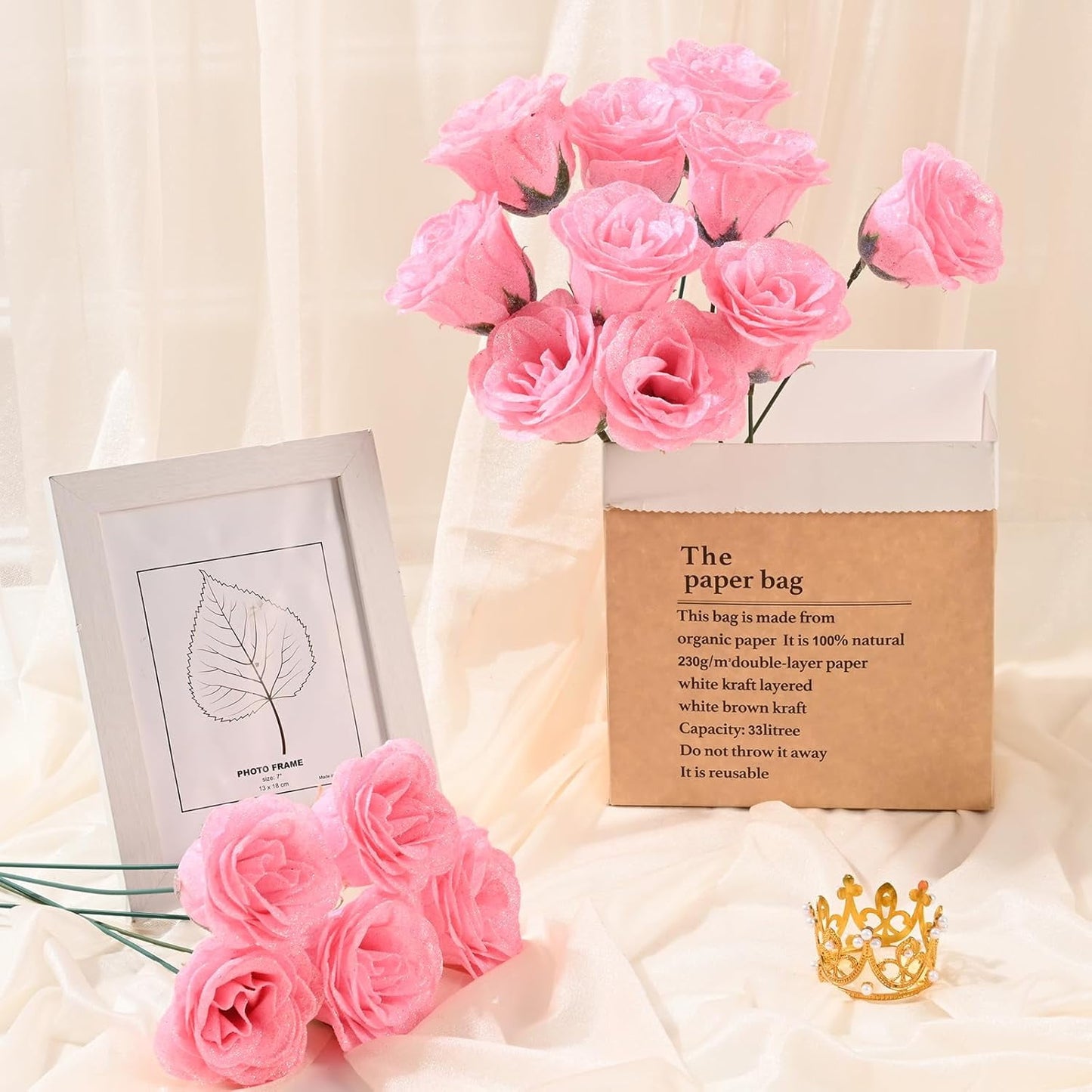 Waipfaru Glitter Roses Bouquet Pink,24pcs Artificial Rose Flower,DIY Glitter Everlasting Rose Bouquet with Stem for Valentine's Day Gifts,Engagement,Anniversary,Wedding