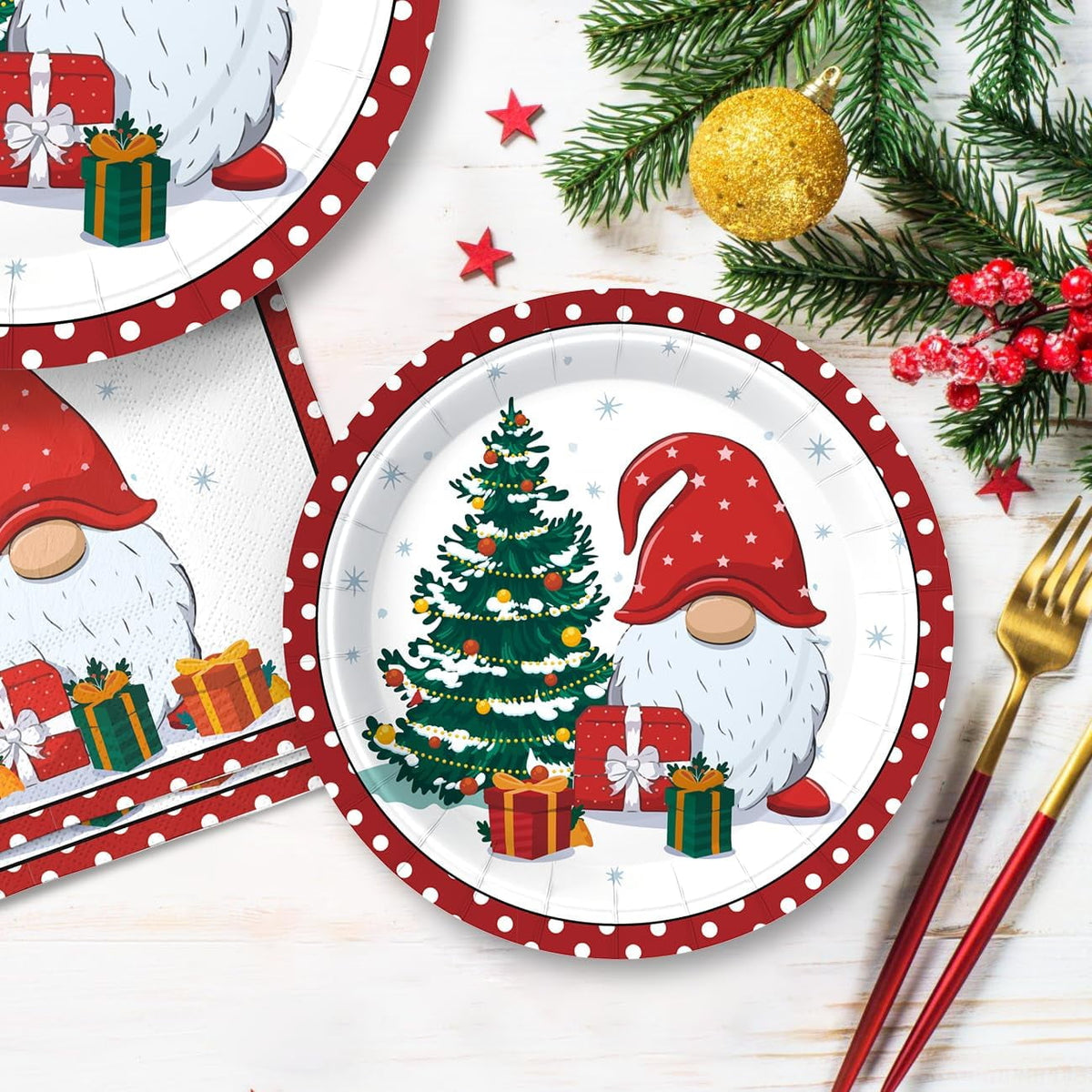 Waipfaru 200 PCS Christmas Paper Plates and Napkins Christmas Tree Gnome Party Supplies Red Disposable Dinnerware Set for Dinner Party Decoration