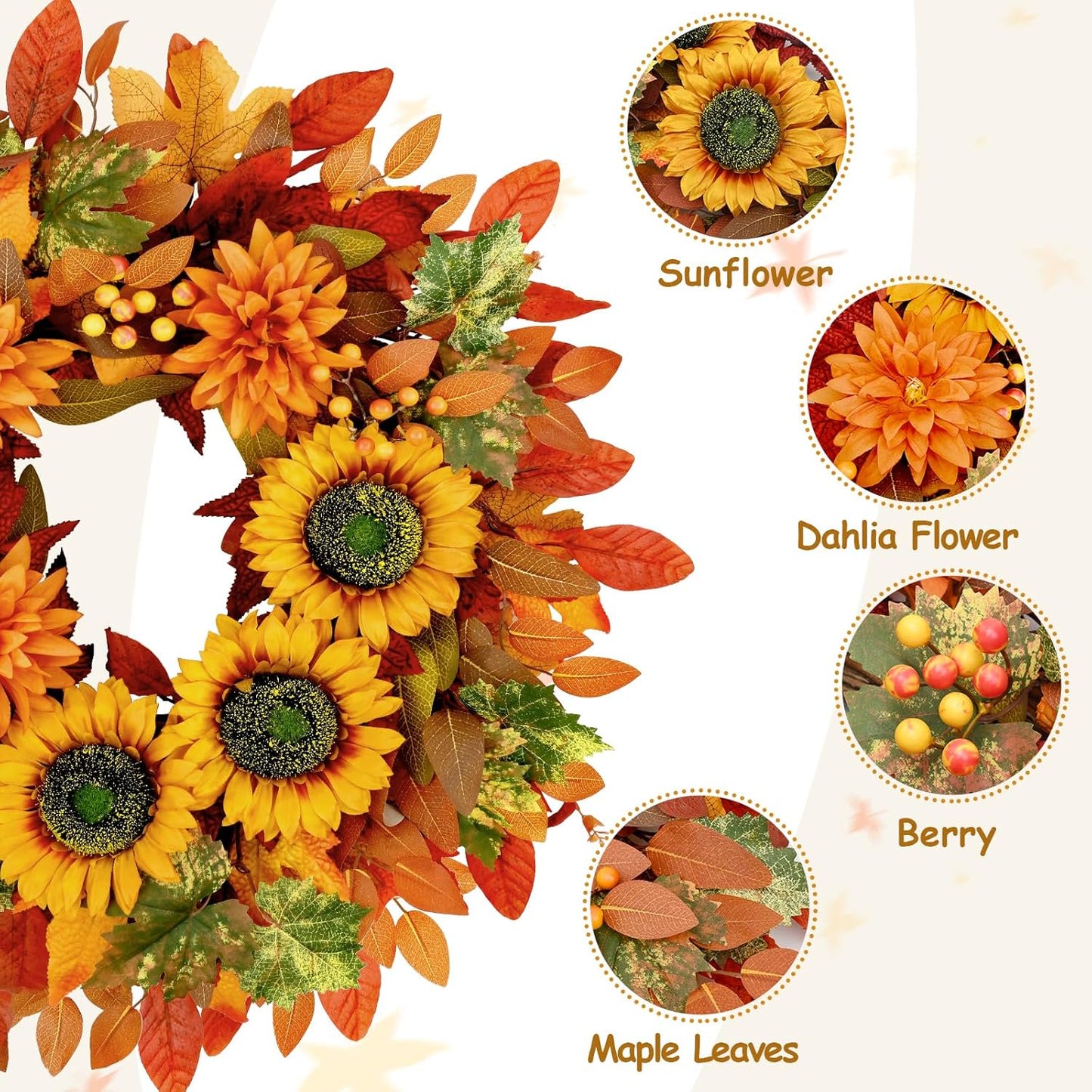 Waipfaru Fall Wreath for Front Door,22inch Sunflower and Dahlia Autumn Wreath, Large Fall Floral Wreath for Thanksgiving, Harvest & Farmhouse Decor