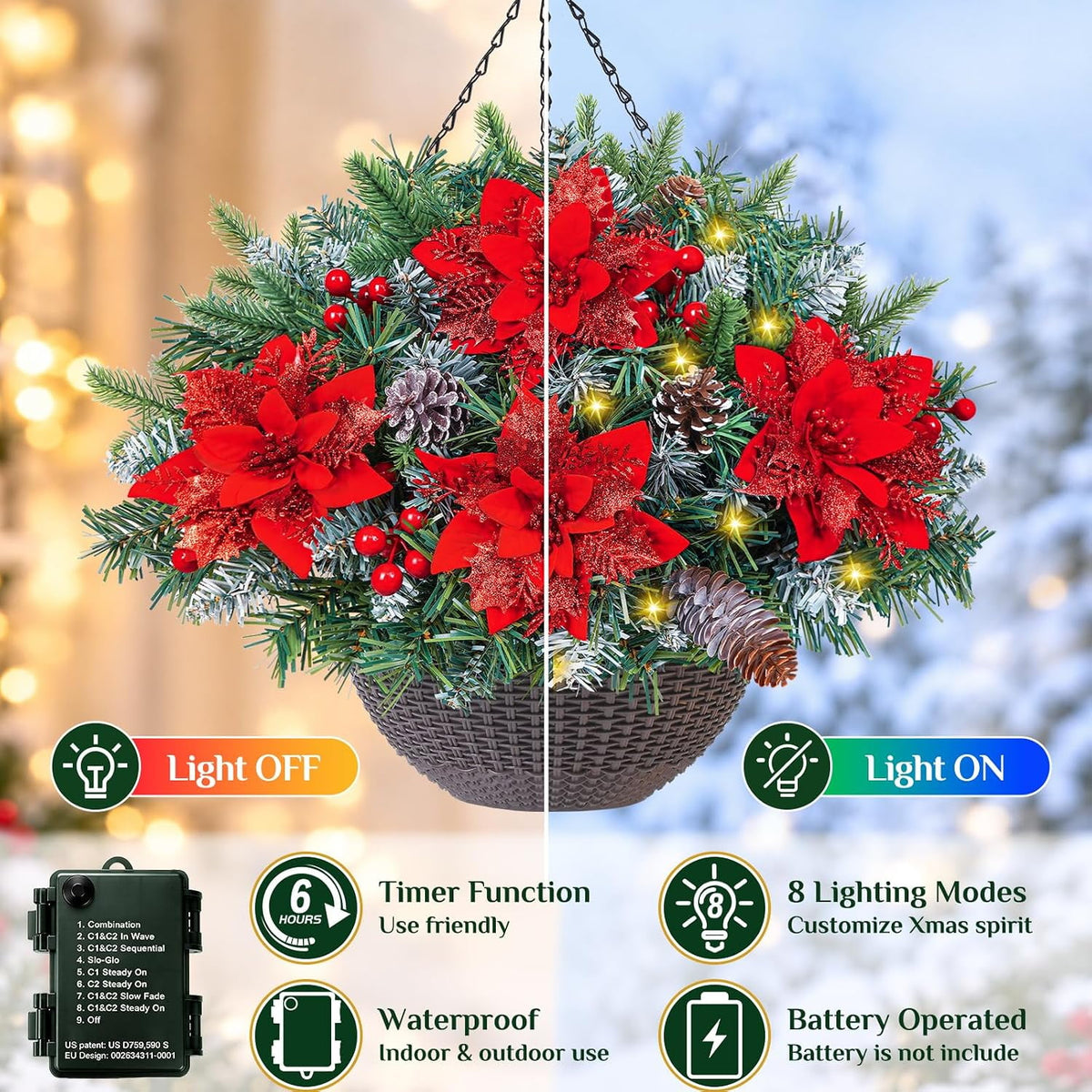 Waipfaru Set of 2 Artificial Christmas Hanging Basket with lights, Fake Silk Flowers for Outdoor Indoor Front Porch, Garden, Patio, Home Xmas Decor