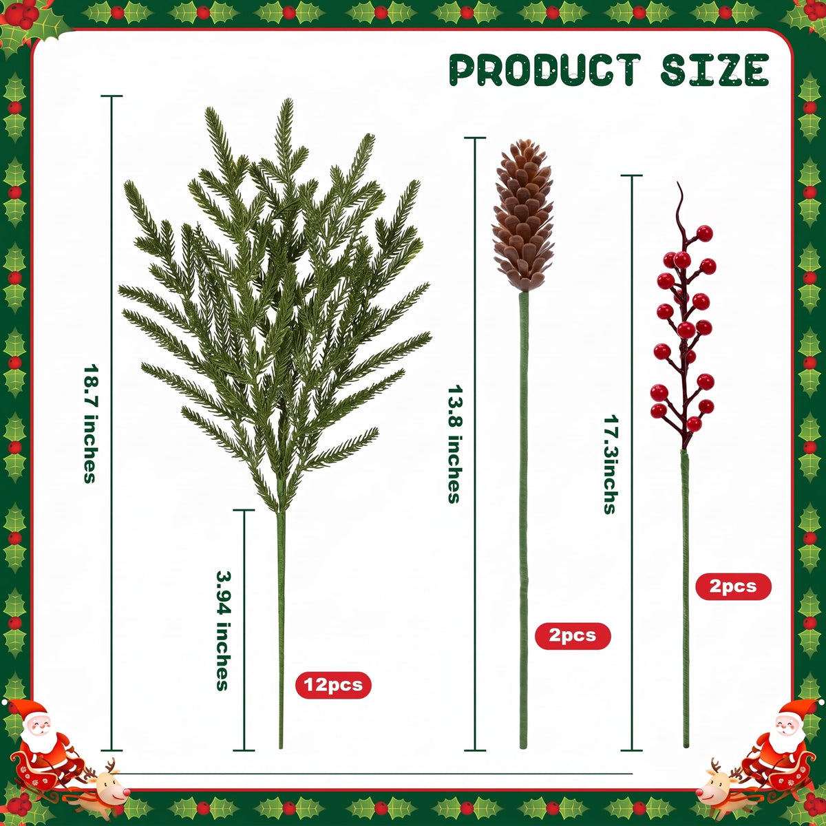 Waipfaru Artificial Christmas Norfolk Pine Branches with Lights,24 Pcs Fake Evergreen Real Touch Greenery Stem for Xmas Holiday Winter Table Indoor Decor
