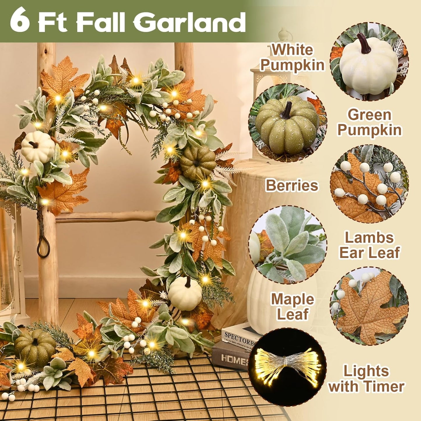 Waipfaru 6ft Fall Garland for Mantle, Lighted Autumn Garland for Table Centerpiece Thanksgiving Porch Home Decor