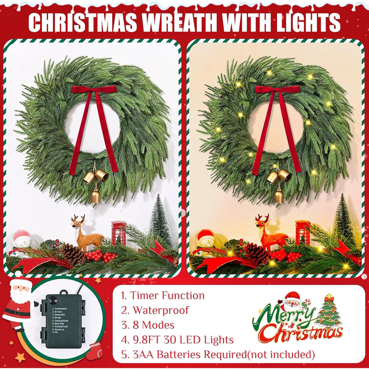 Waipfaru Christmas Wreath with Lights,24 inch Pre-lit Artificial Holiday Wreath with Bow & Bells, Battery Operated, Front Door Christmas Decorations Indoor Outdoor