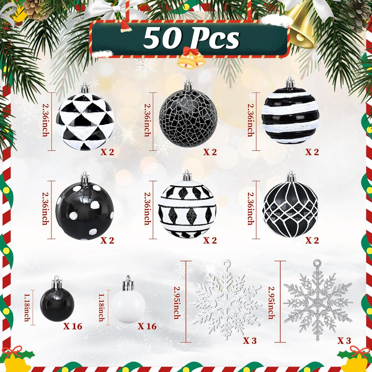 Waipfaru Christmas Balls Ornaments for Xmas Tree,50Pcs Shatterproof Christmas Tree Decorations, 2.36" Hanging Xmas Ball Ornaments Set for Holiday Party Decoration