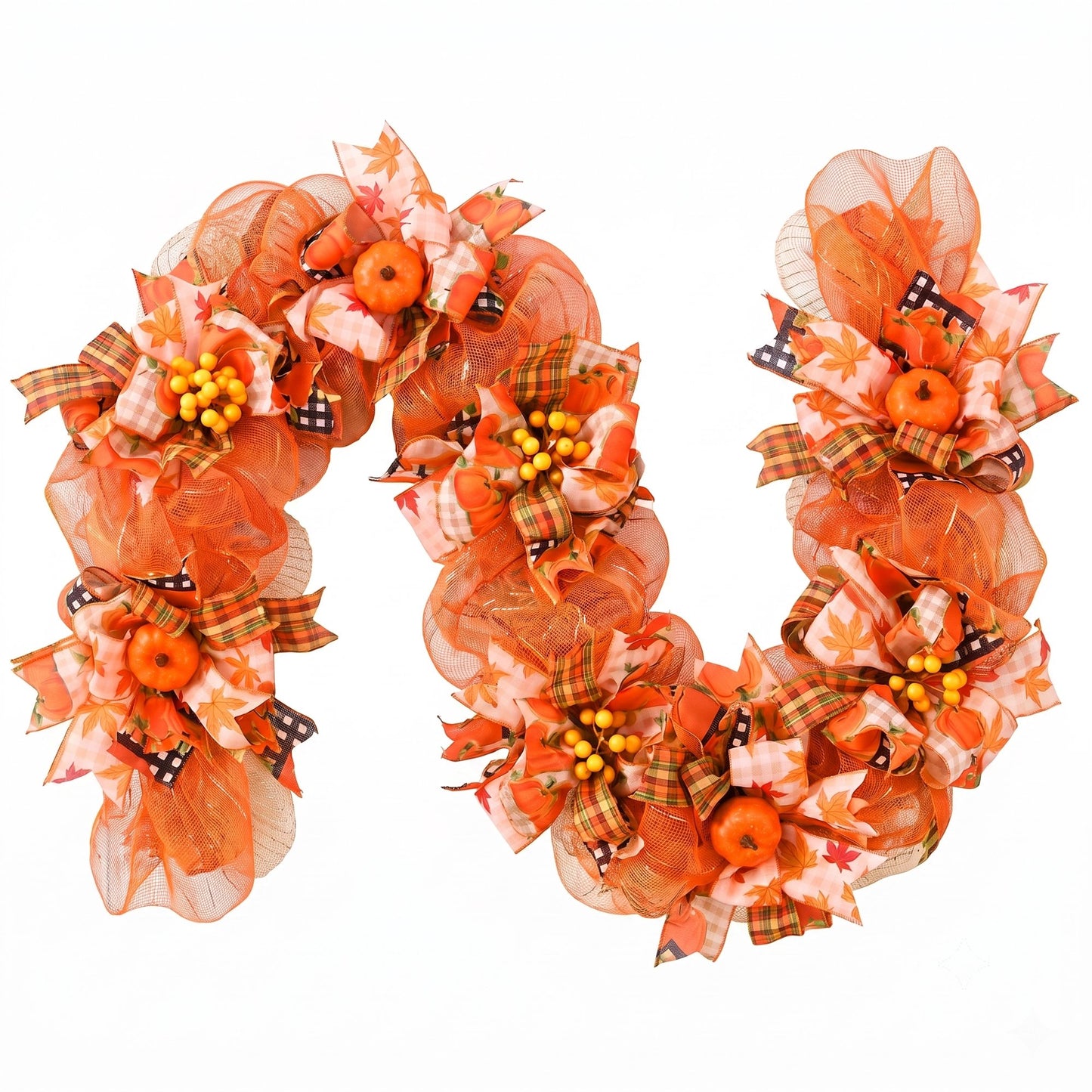 Waipfaru 6 ft Fall Garland for Mantel,Autumn Pumpkin Mesh Garland with Berries & Plaid Ribbons,Thanksgiving Mantel Decorations for Fireplace,Table Centerpiece Home Decor