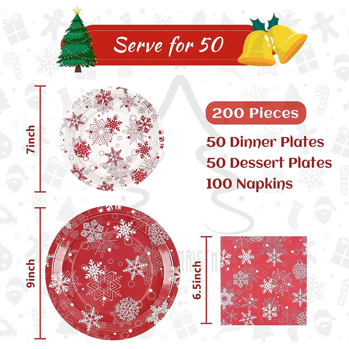 Waipfaru 200 PCS Christmas Paper Plates and Napkins White Snowflake Party Supplies Red Disposable Dinnerware Set for Christmas Decor