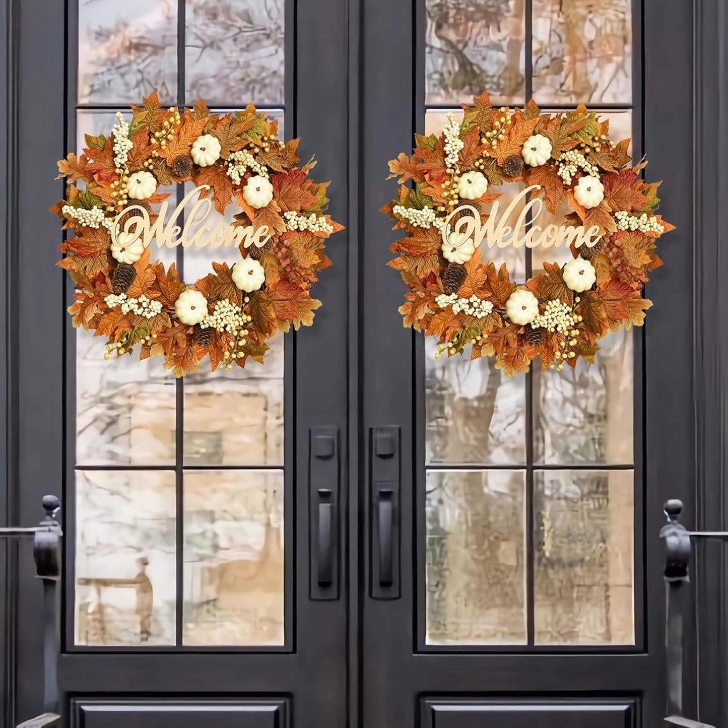 Waipfaru 20inch Fall Wreaths for Front Door,Artificial Autumn Wreath with Lights for Thanksgiving Harvest Halloween Porch Home Decor