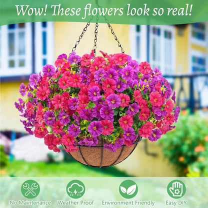 Waipfaru Artificial Hanging Flowers in Basket,2 Pcs Fake Hanging Plants for Outdoors Spring Summer Decoration,UV Resistant Petunias Flower for Garden Porch Patio Balcony Decor