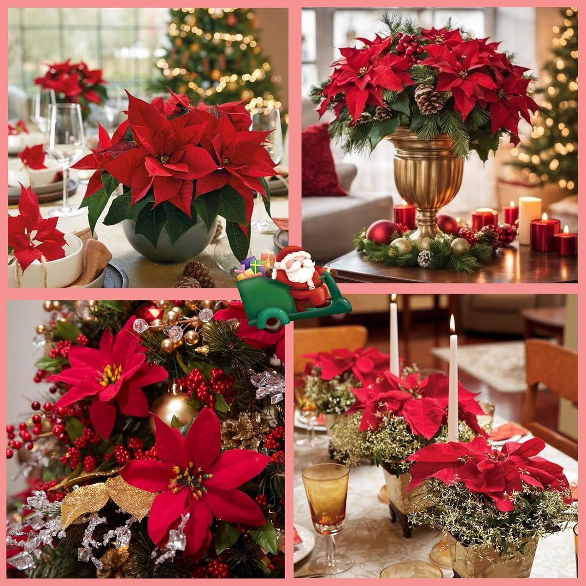 Waipfaru 4pcs Artificial Poinsettia Bushes,14 inch Faux Red Velvet Poinsettia Flowers for Indoor Outdoor Christmas Tree Home Porch Decorations