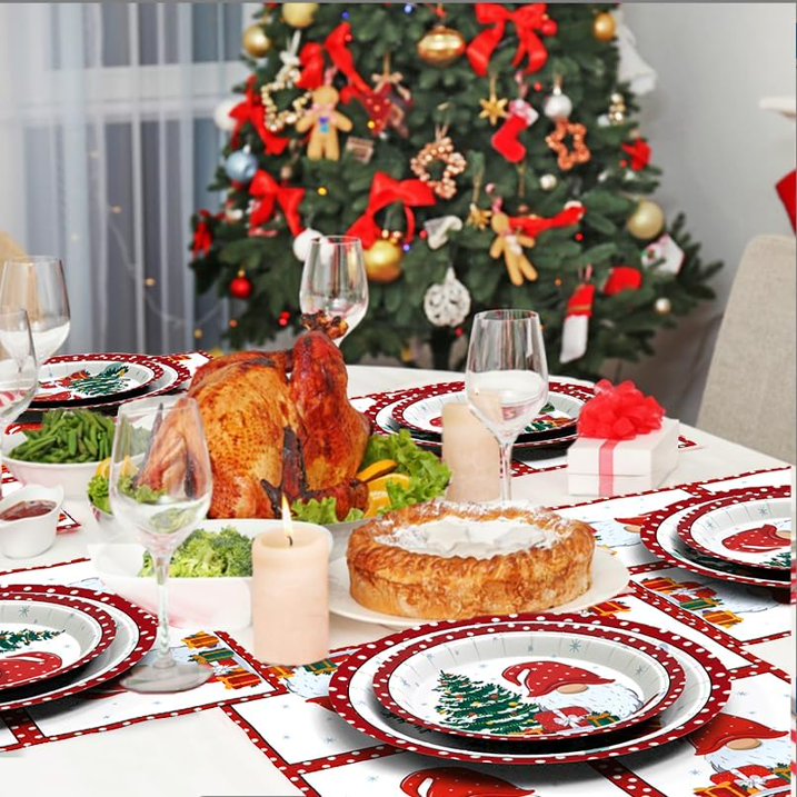 Waipfaru 200 PCS Christmas Paper Plates and Napkins Christmas Tree Gnome Party Supplies Red Disposable Dinnerware Set for Dinner Party Decoration