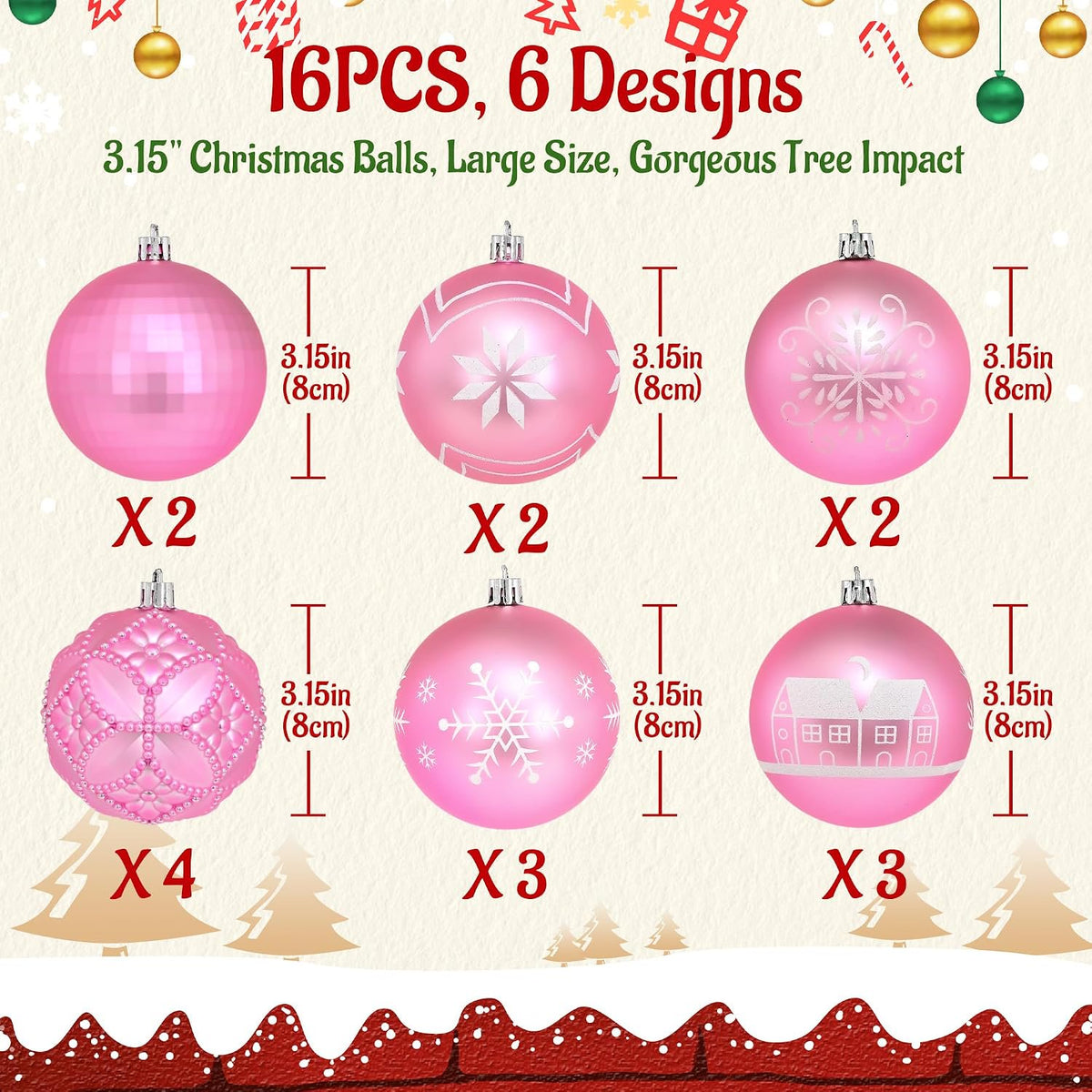 Waipfaru 16Pcs Christmas Ball Ornaments,3.15" Shatterproof Hanging Xmas Ornaments Set for Christmas Holiday Party Decoration