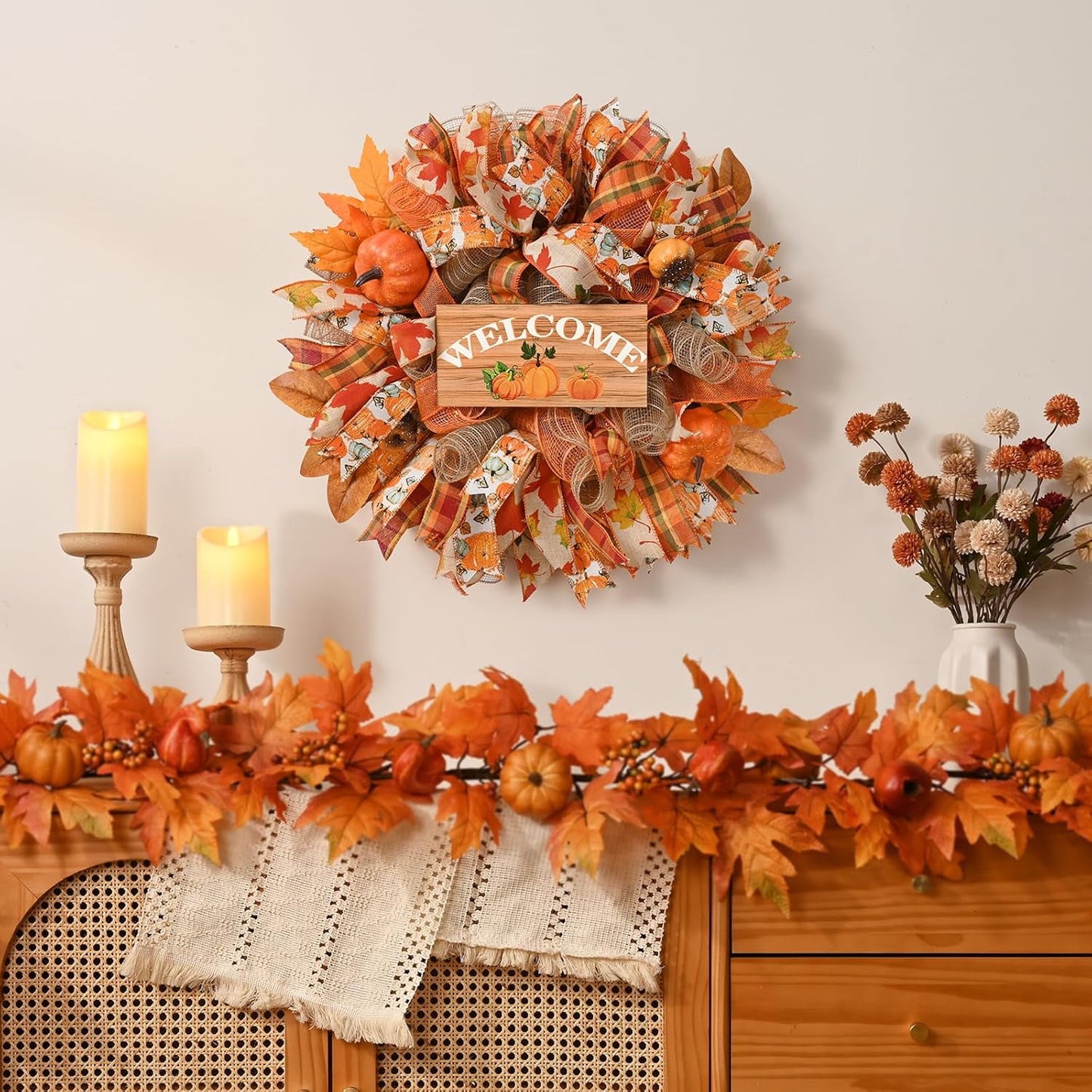 Waipfaru Fall Wreath for Front Door,20inch Autumn Mesh Wreath with Pumpkins, Ribbons,Welcome Sign,Rustic Farmhouse Decor for Thanksgiving Harvest