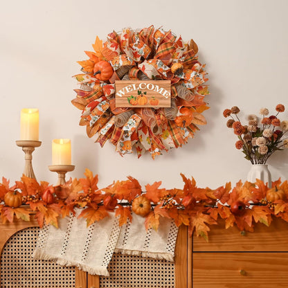 Waipfaru Fall Wreath for Front Door,20inch Autumn Mesh Wreath with Pumpkins, Ribbons,Welcome Sign,Rustic Farmhouse Decor for Thanksgiving Harvest