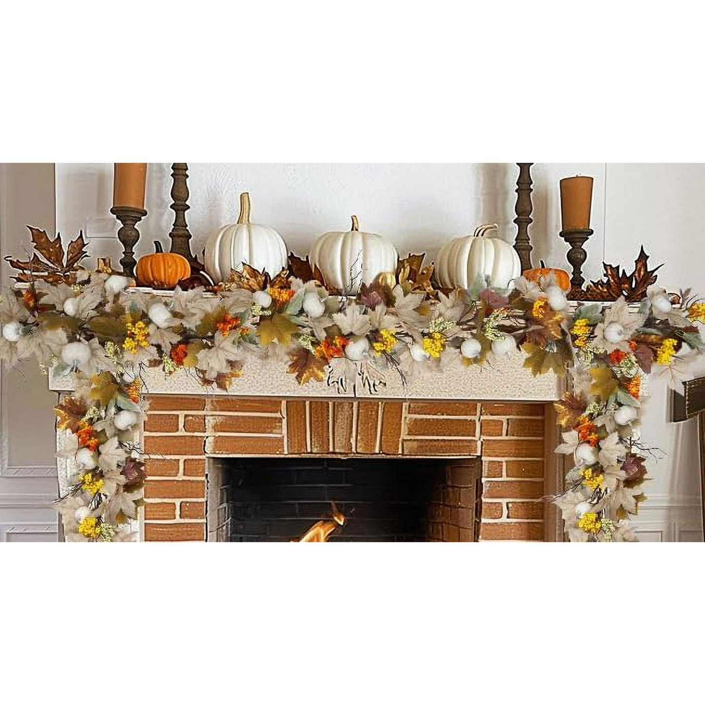 Waipfaru Lighted Fall Garland with Maple Leaves White Pumpkins Berry,6FT Artificial Autumn Fall Decor for Thanksgiving