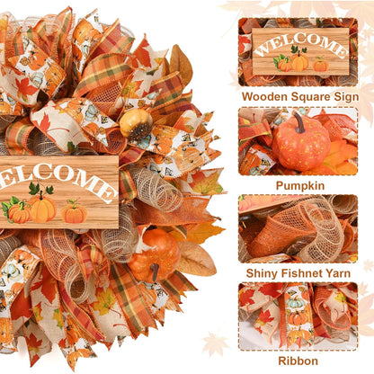 Waipfaru Fall Wreath for Front Door,20inch Autumn Mesh Wreath with Pumpkins, Ribbons,Welcome Sign,Rustic Farmhouse Decor for Thanksgiving Harvest