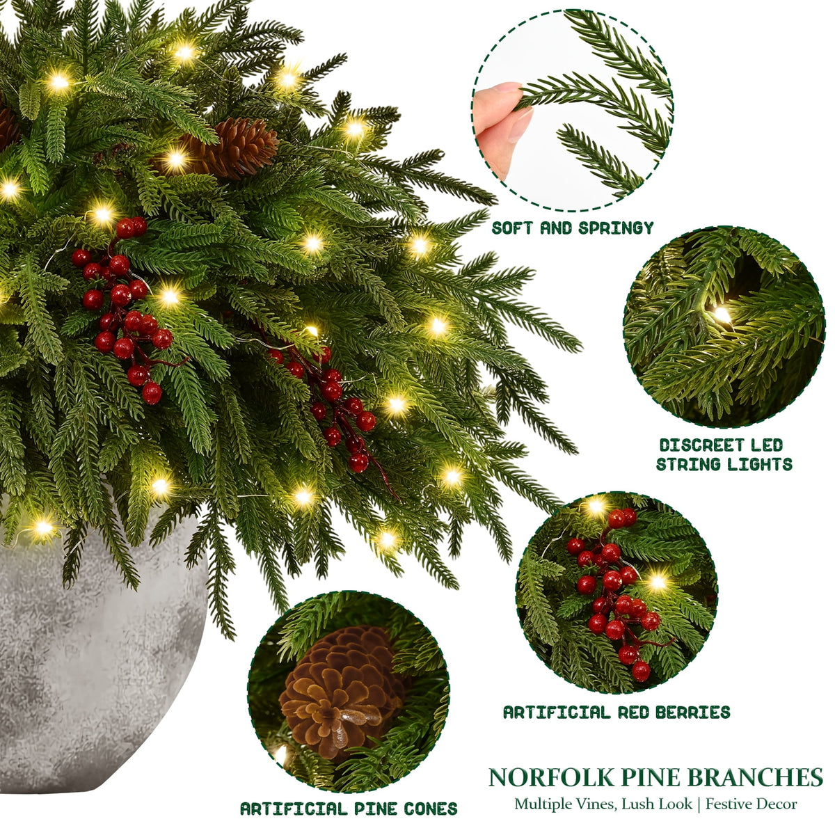 Waipfaru Artificial Christmas Norfolk Pine Branches with Lights,24 Pcs Fake Evergreen Real Touch Greenery Stem for Xmas Holiday Winter Table Indoor Decor