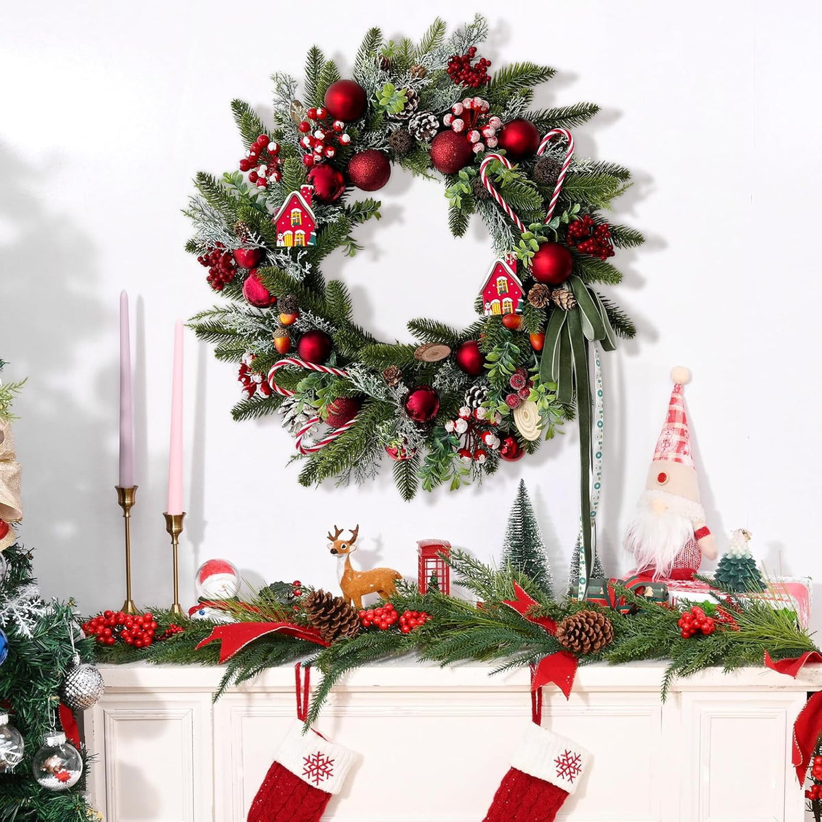 Waipfaru Artificial Christmas Wreaths with lights,20inch Christmas Door Wreath with Xmas Balls Berries Pinecones for Wall Fireplace Shop Window Decoration