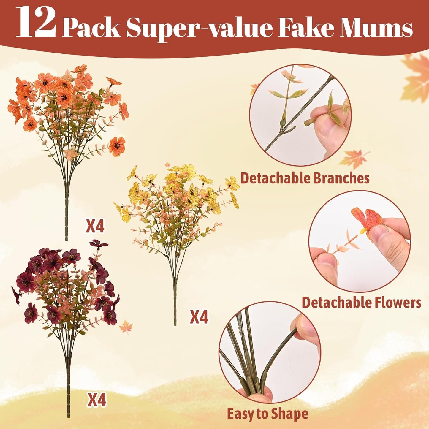 Waipfaru Artificial Fall Flowers for Outdoor, 12 Bundles Faux Mums Fake Fall Plants for Decoration, UV Resistant No Fade Silk Plastic Flower for Autumn Porch Patio Planters Yard Garden