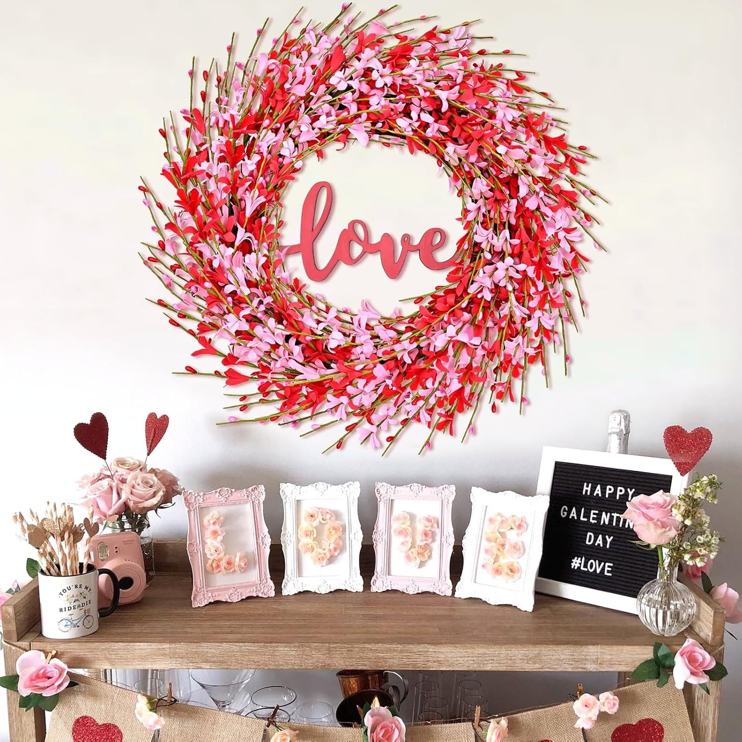 Waipfaru 20 inch Artificial Pink Forsythia Wreath, Valentine's Day Front Door Wreath, Spring Pink Wreath for Home Wedding Window Wall Window Decor