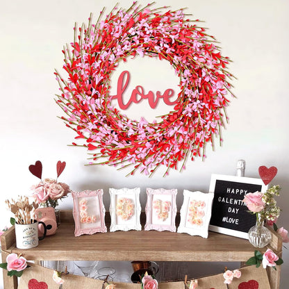 Waipfaru 20 inch Artificial Pink Forsythia Wreath, Valentine's Day Front Door Wreath, Spring Pink Wreath for Home Wedding Window Wall Window Decor