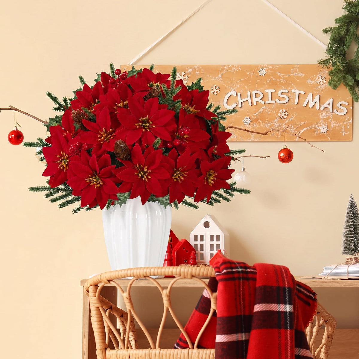 Waipfaru 12pcs Artificial Poinsettia Flower, Red Poinsettia Christmas Arrangement with Pine, Berries & Pinecones, Holiday Floral Centerpiece for Christmas Home Decorations