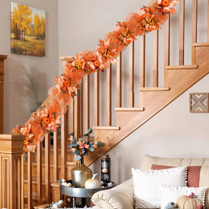 Waipfaru 6 ft Fall Garland for Mantel,Autumn Pumpkin Mesh Garland with Berries & Plaid Ribbons,Thanksgiving Mantel Decorations for Fireplace,Table Centerpiece Home Decor