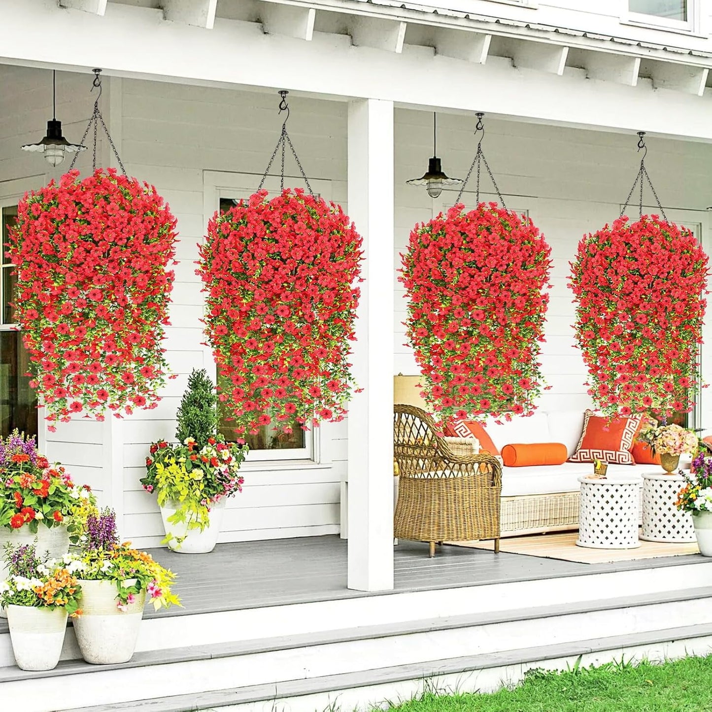 Waipfaru Artificial Hanging Flowers for Outdoors Spring Summer Decoration,2 Pcs UV Resistant Faux Silk Violet Fake Flowers for Garden Porch Window Home Decor(Red)