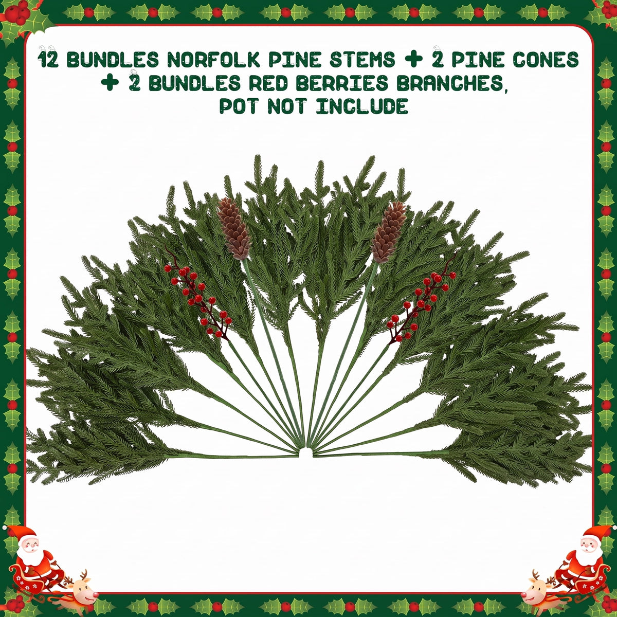 Waipfaru Artificial Christmas Norfolk Pine Branches with Lights,24 Pcs Fake Evergreen Real Touch Greenery Stem for Xmas Holiday Winter Table Indoor Decor