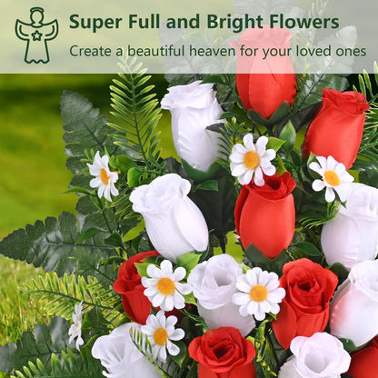 Waipfaru Artificial Cemetery Flowers with Vase,2 Pack Artificial Rose Lily Grave Bouquet,Silk Memorial Flowers for Cemetery Headstones Decoration