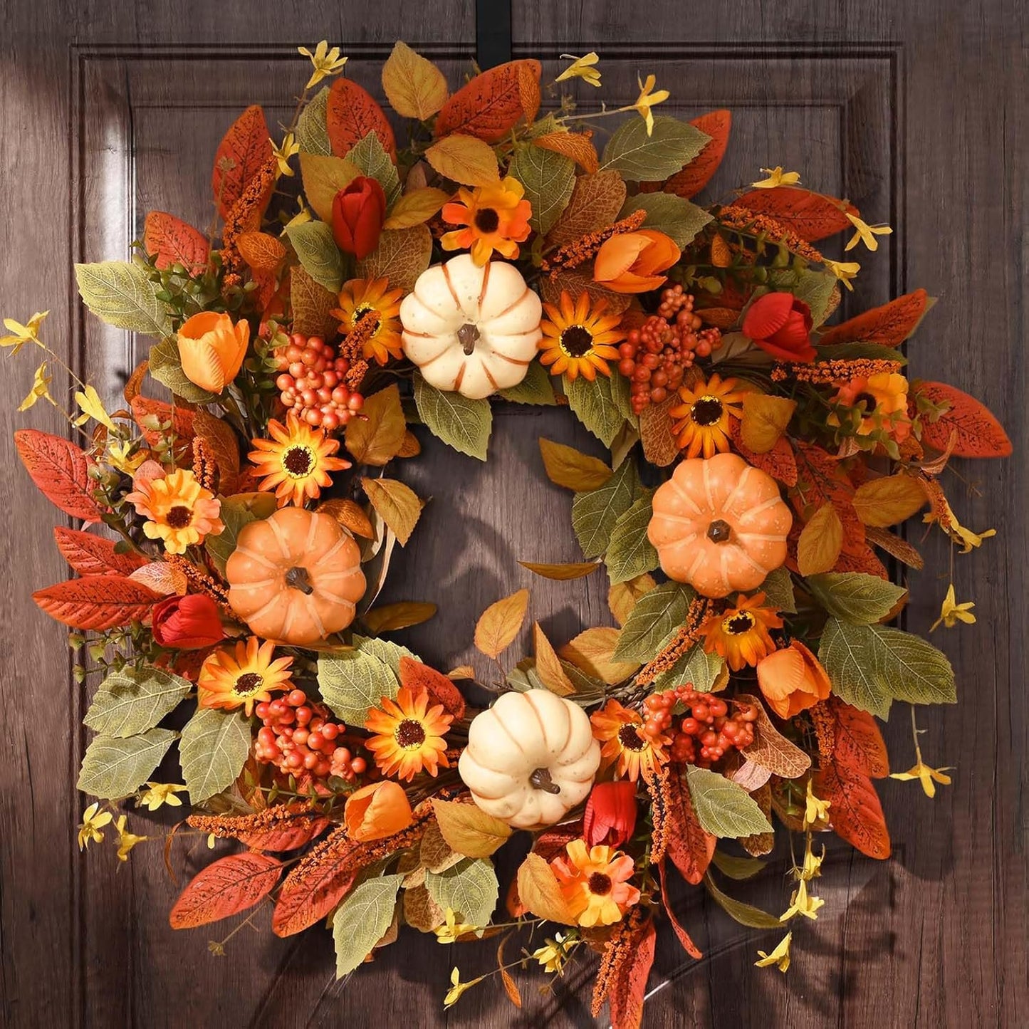 Waipfaru Fall Wreath for Front Door,Large 22inch Autumn Pumpkin Wreath with White Pumpkins, Berries & Flowers,Farmhouse Harvest Decor for Thanksgiving