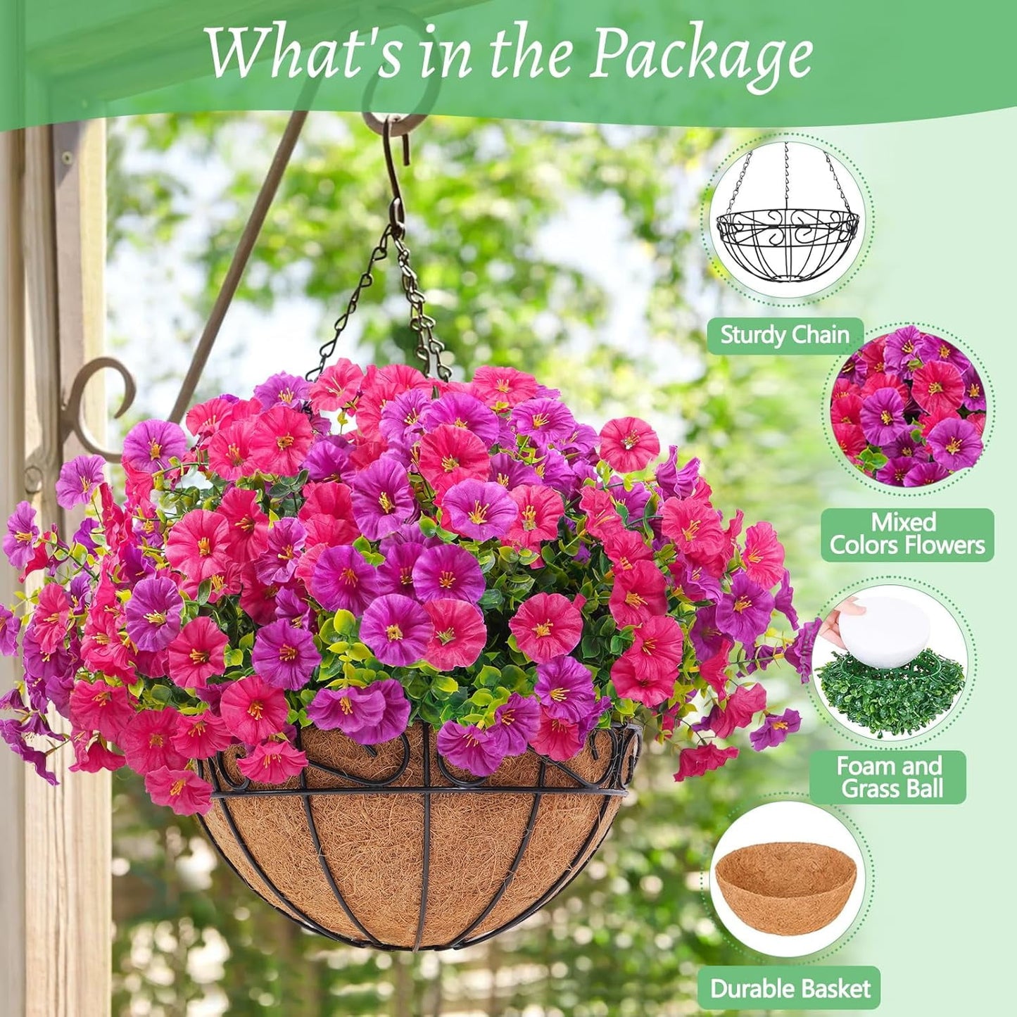 Waipfaru Artificial Hanging Flowers in Basket,2 Pcs Fake Hanging Plants for Outdoors Spring Summer Decoration,UV Resistant Petunias Flower for Garden Porch Patio Balcony Decor