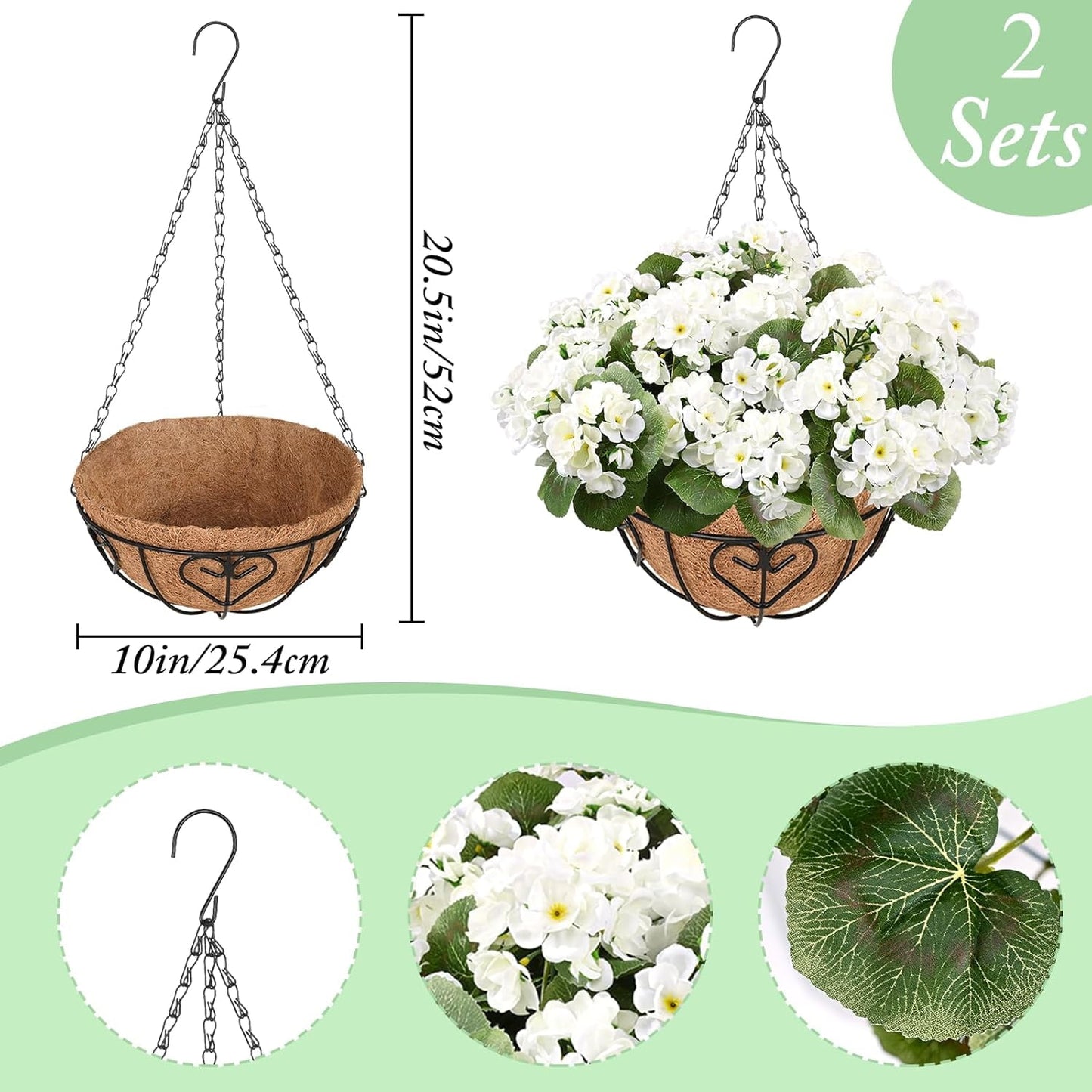 Waipfaru 2 Pack Artificial Geraniums Hanging Basket,UV Resistant Faux Silk Flowers for Outdoors,Realistic Fake Hanging Plants for Home Garden Decor