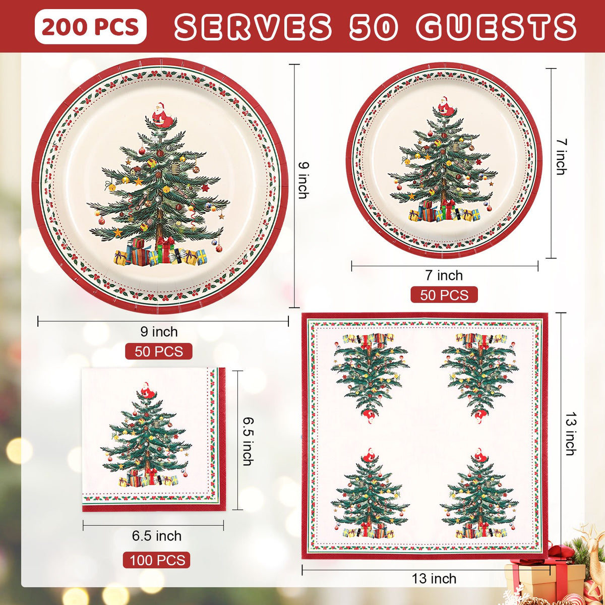 Waipfaru 200 PCS Christmas Tree Paper Plates and Napkins Christmas Party Supplies Disposable Dinnerware Set for Xmas Party