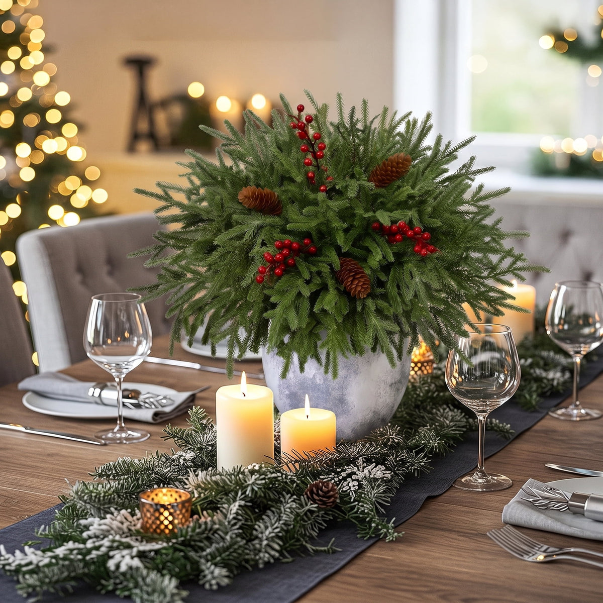 Waipfaru Artificial Christmas Norfolk Pine Branches with Lights,24 Pcs Fake Evergreen Real Touch Greenery Stem for Xmas Holiday Winter Table Indoor Decor