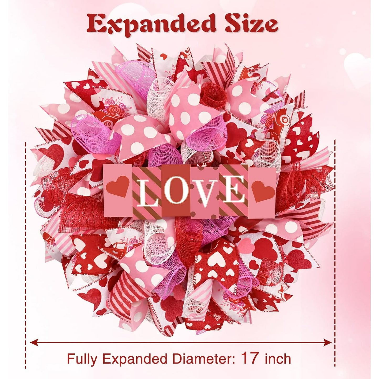 Waipfaru Valentines Day Wreath, 17 inch Round Mesh Wreath for Front Door,Valentine Wreath with Wooden Sign for Home Wedding Party