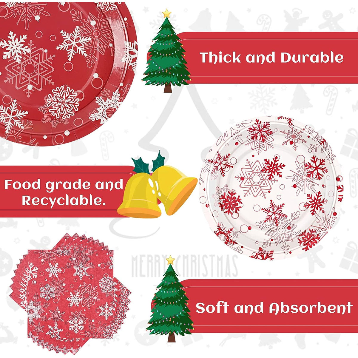 Waipfaru 200 PCS Christmas Paper Plates and Napkins White Snowflake Party Supplies Red Disposable Dinnerware Set for Christmas Decor