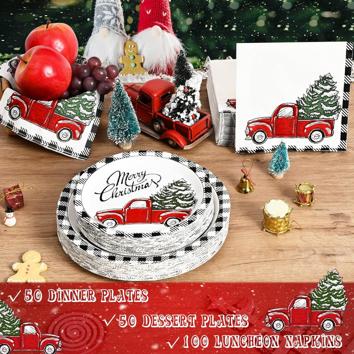 Waipfaru 200Pcs Christmas Paper Plates and Napkins Disposable,Rustic Truck Printed Round Disposable Plates for Christmas Holiday Dinner Birthday Party Supplies