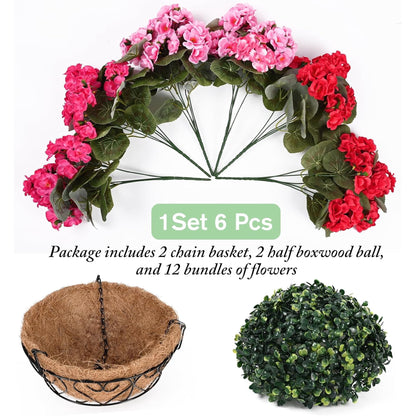 Waipfaru 2 Pack Artificial Geraniums Hanging Basket,UV Resistant Faux Silk Flowers for Outdoors,Realistic Fake Hanging Plants for Home Garden Decor