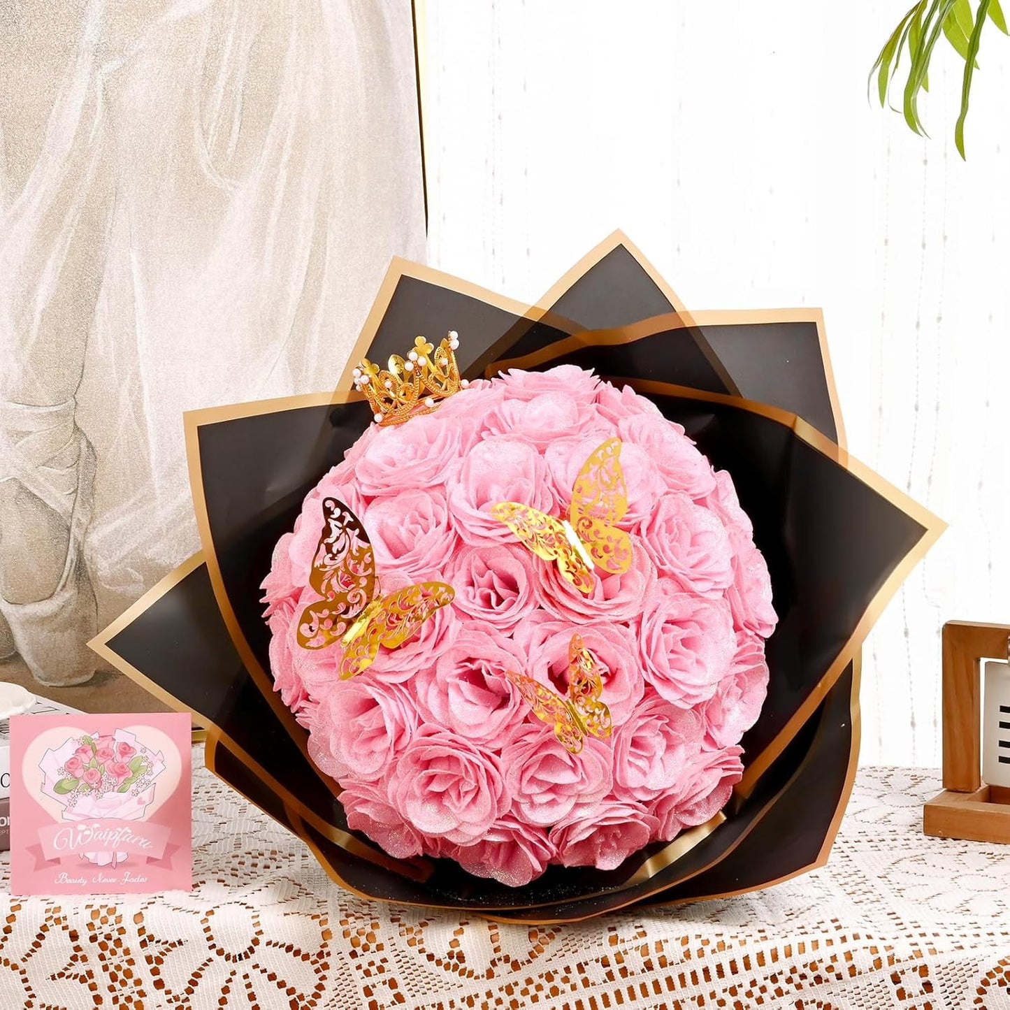 Waipfaru Glitter Roses Bouquet Pink,24pcs Artificial Rose Flower,DIY Glitter Everlasting Rose Bouquet with Stem for Valentine's Day Gifts,Engagement,Anniversary,Wedding