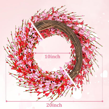 Waipfaru 20 inch Artificial Pink Forsythia Wreath, Valentine's Day Front Door Wreath, Spring Pink Wreath for Home Wedding Window Wall Window Decor
