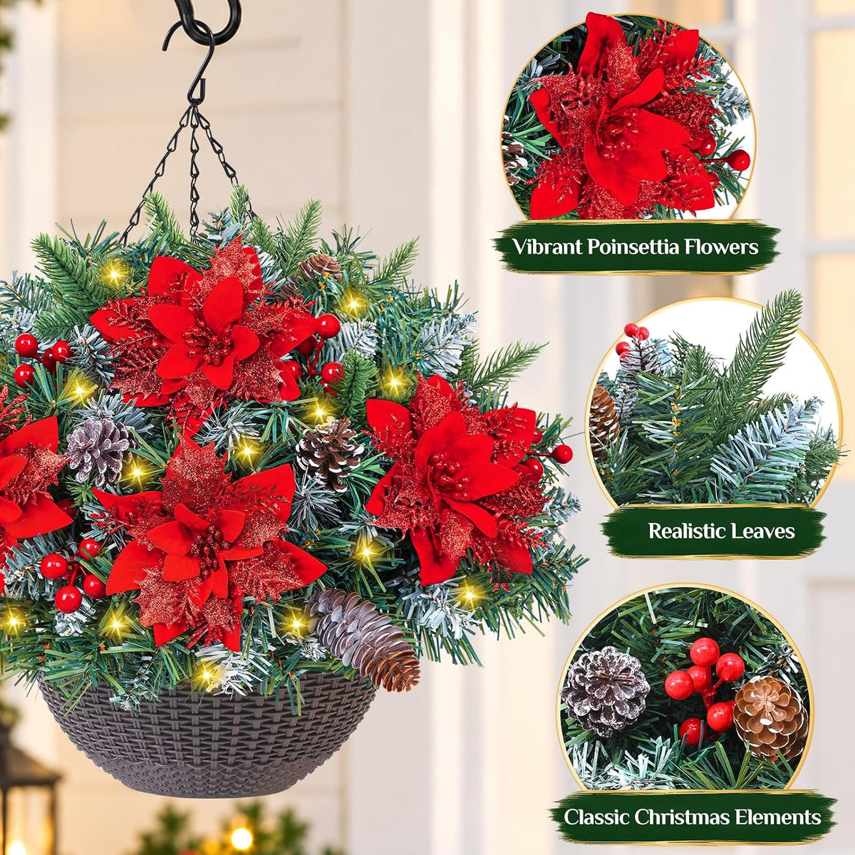 Waipfaru Set of 2 Artificial Christmas Hanging Basket with lights, Fake Silk Flowers for Outdoor Indoor Front Porch, Garden, Patio, Home Xmas Decor