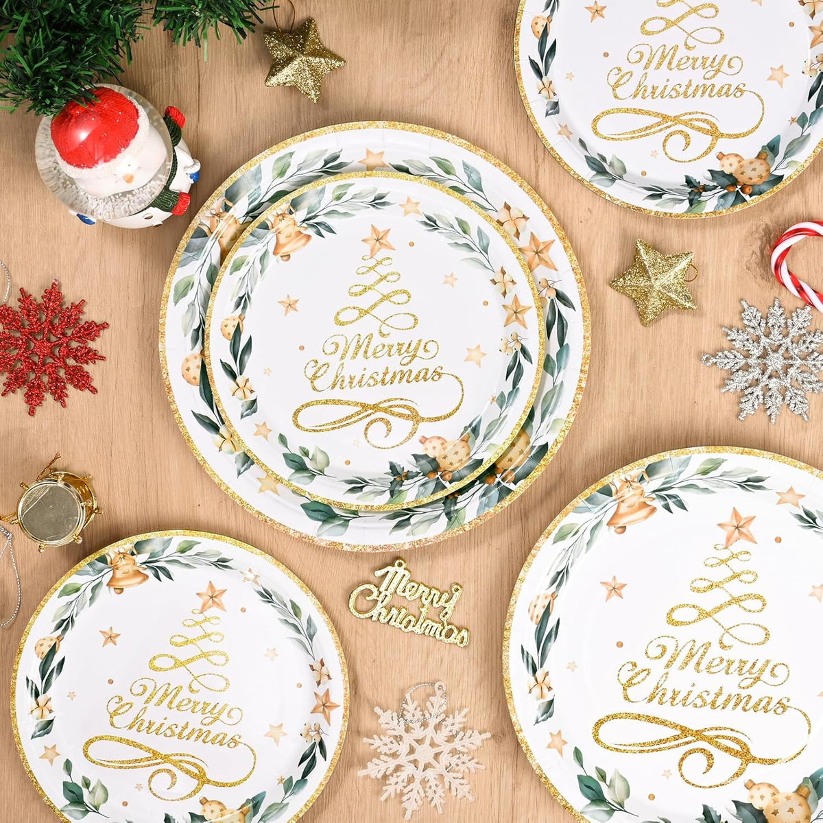 Waipfaru 200 PCS Christmas Paper Plates and Napkins Gold Christmas Tree Party Supplies Disposable Tableware Set for Dinner Party Decoration