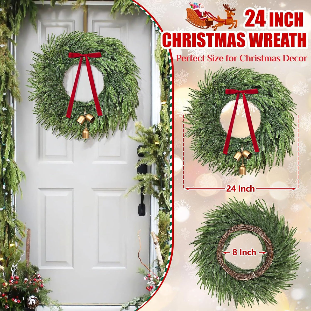 Waipfaru Christmas Wreath with Lights,24 inch Pre-lit Artificial Holiday Wreath with Bow & Bells, Battery Operated, Front Door Christmas Decorations Indoor Outdoor