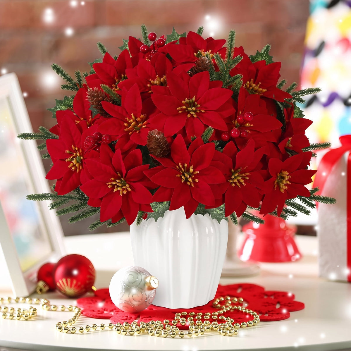Waipfaru 12pcs Artificial Poinsettia Flower, Red Poinsettia Christmas Arrangement with Pine, Berries & Pinecones, Holiday Floral Centerpiece for Christmas Home Decorations