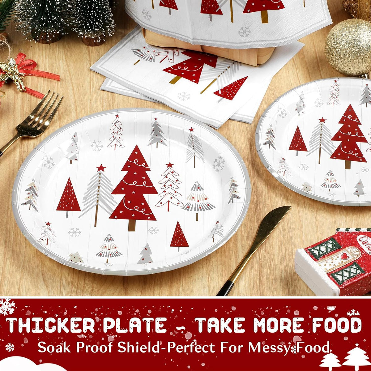 Waipfaru 200 PCS Christmas Paper Plates and Napkins Christmas Tree Party Supplies White Disposable Dinnerware Set for Xmas