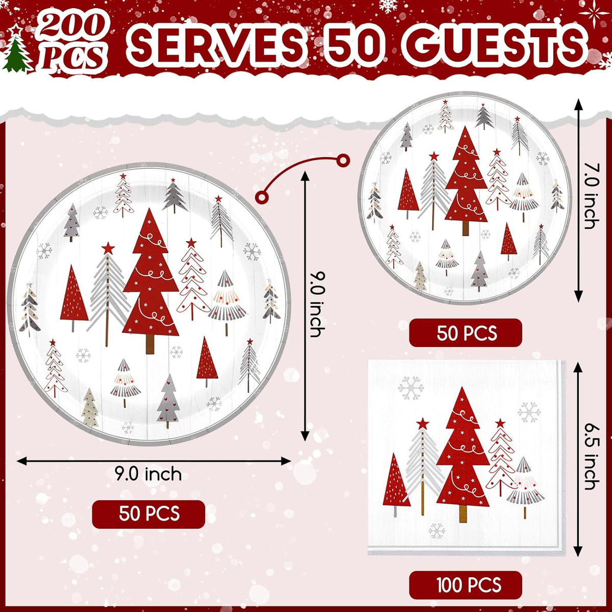 Waipfaru 200 PCS Christmas Paper Plates and Napkins Christmas Tree Party Supplies White Disposable Dinnerware Set for Xmas