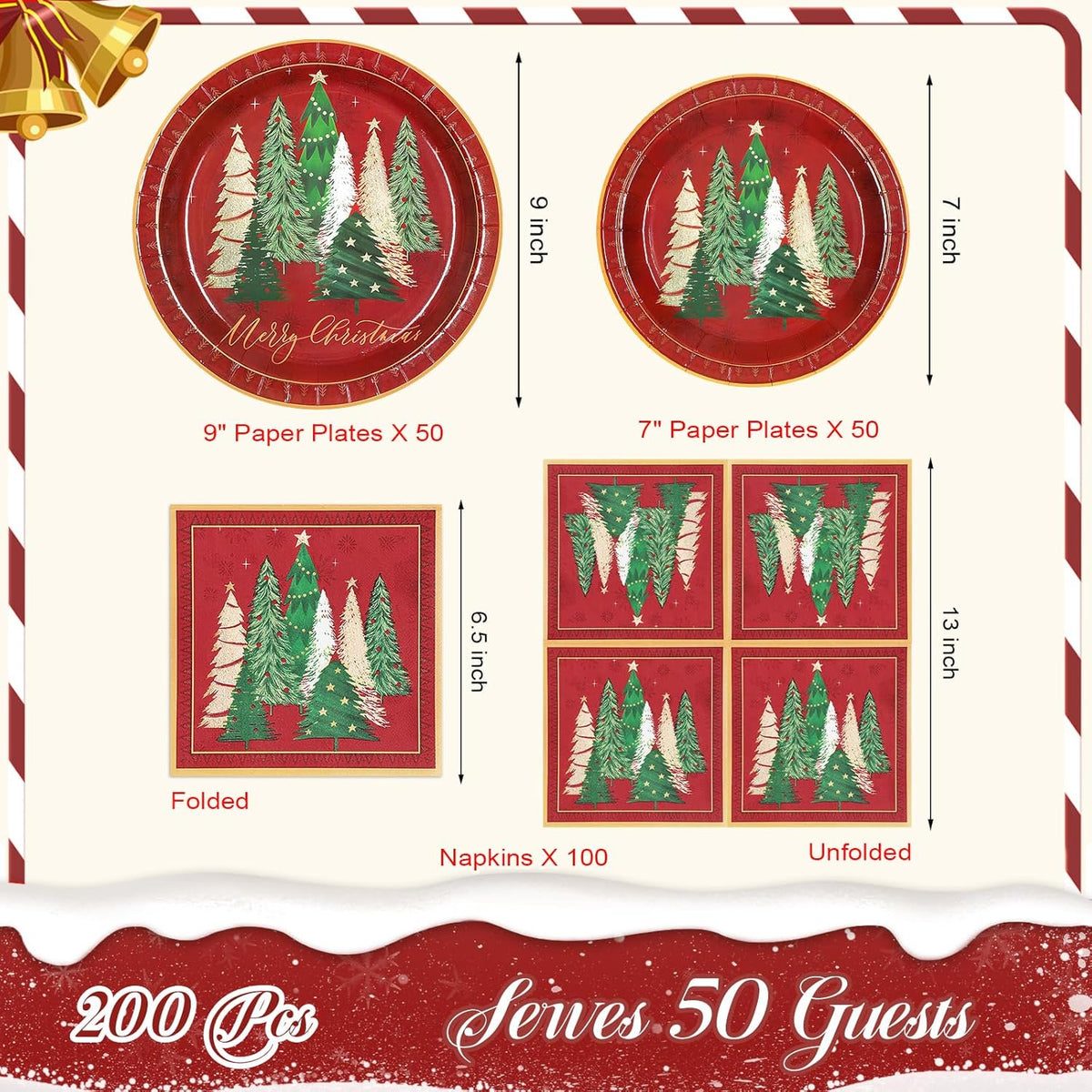 Waipfaru 200pcs Christmas Paper Plates and Napkins Set Decorations for 50 Guests, Holiday Tableware set, Disposable Merry Christmas Theme Party Decor