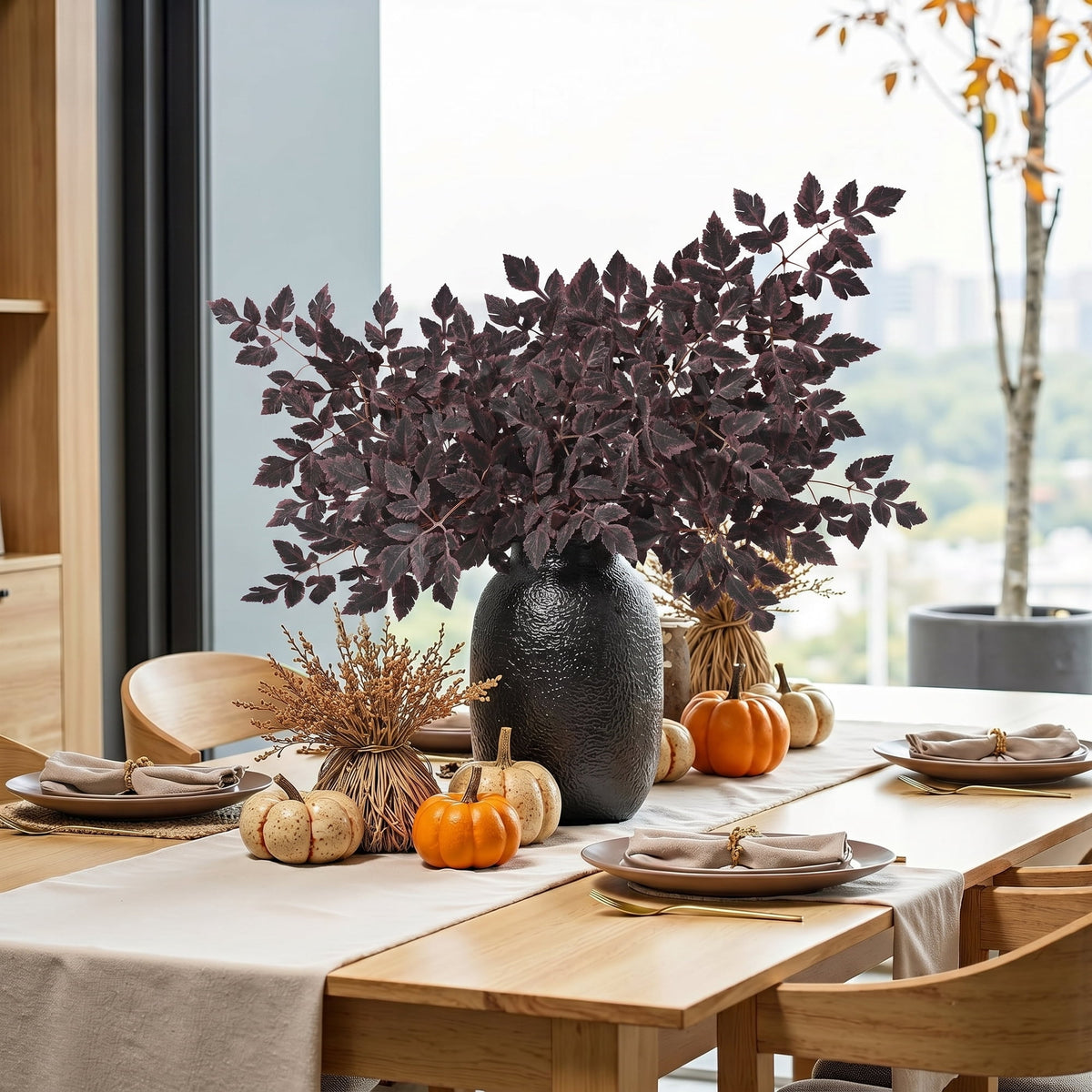 Waipfaru 3 Pack Artificial Cimicifuga Plant Stems, 36" Faux Silk Plum Cimicifuga Ramosa Branches for Fall Thanksgiving Home Decor(Black)